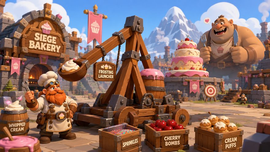 Siege Bakery concept art: a dwarf baker beside a frosting-launcher catapult, crates of sprinkles and cherry bombs, a giant looming over a towering cake