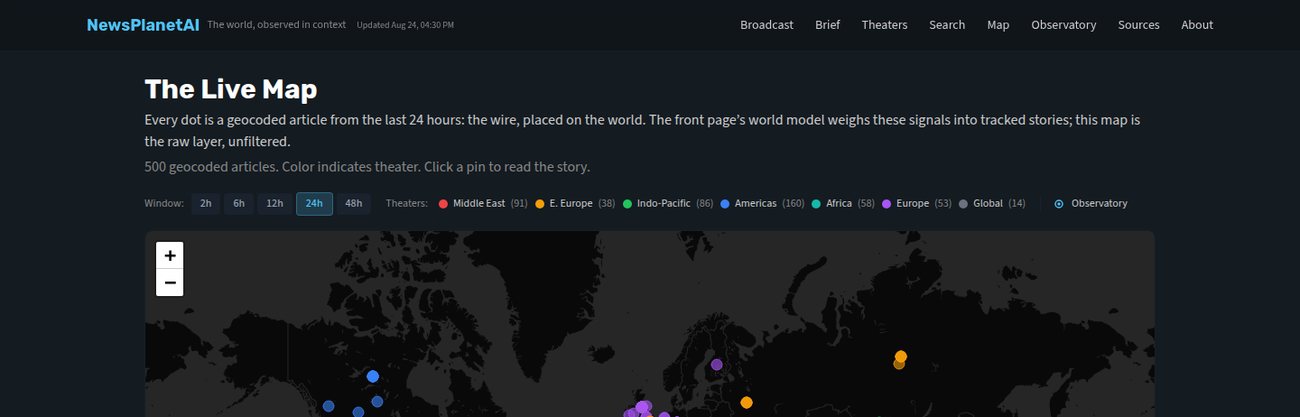 The live map, geocoded articles from the last 24 hours, colored by theater