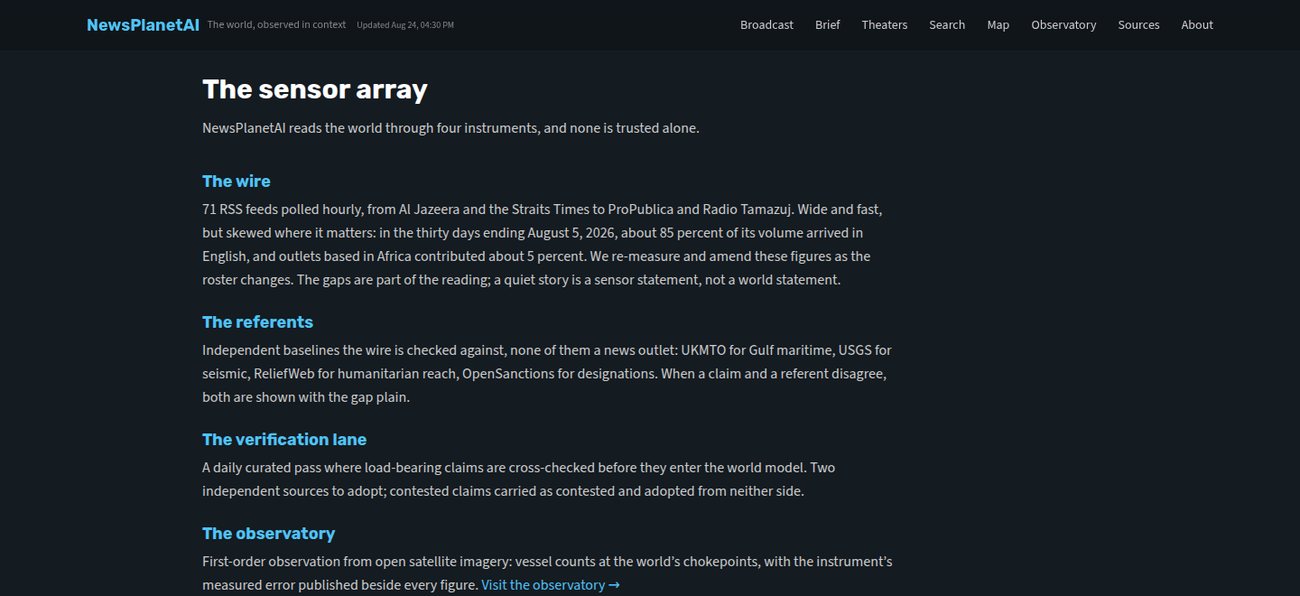 The sensor array, four instruments and a per-source feed-health table