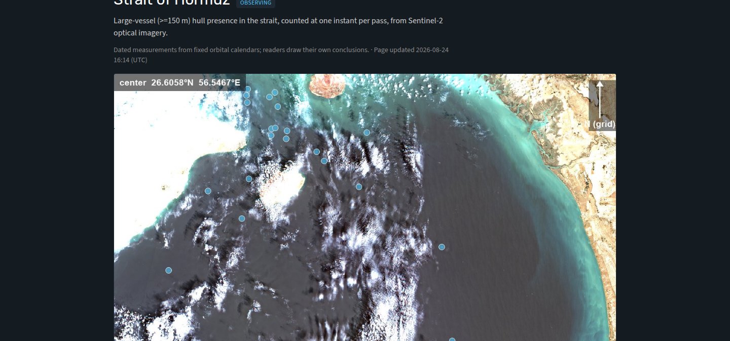 Strait of Hormuz in Sentinel-2 optical imagery, with per-pass vessel detections marked