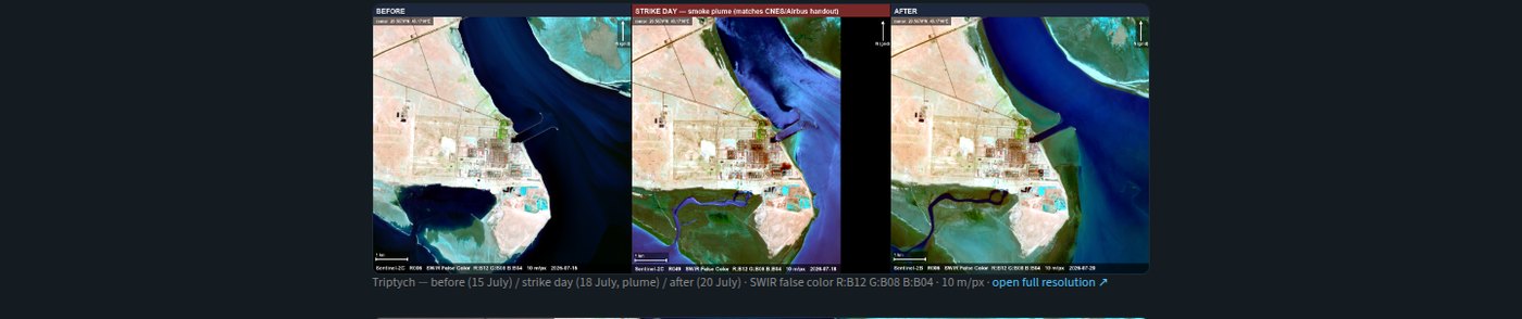 A three-panel satellite triptych, before, strike day, and after, of the Subiya plant