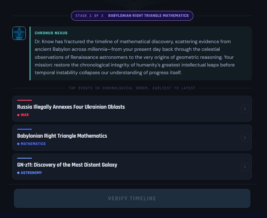 Gameplay: a character presents three historical events to order chronologically, with a Verify Timeline button